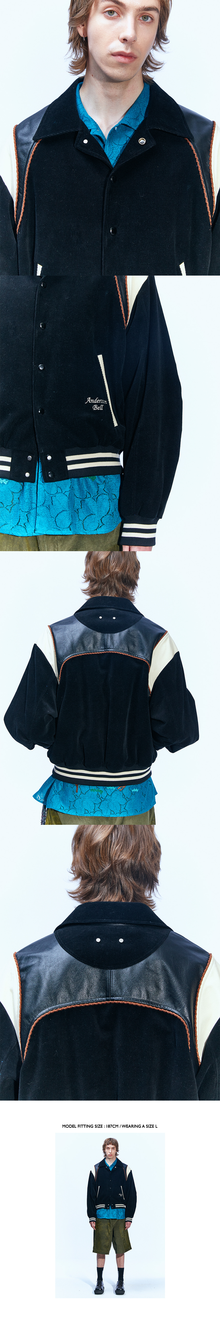Leather Trim Corduroy Varsity Jacket _ Black